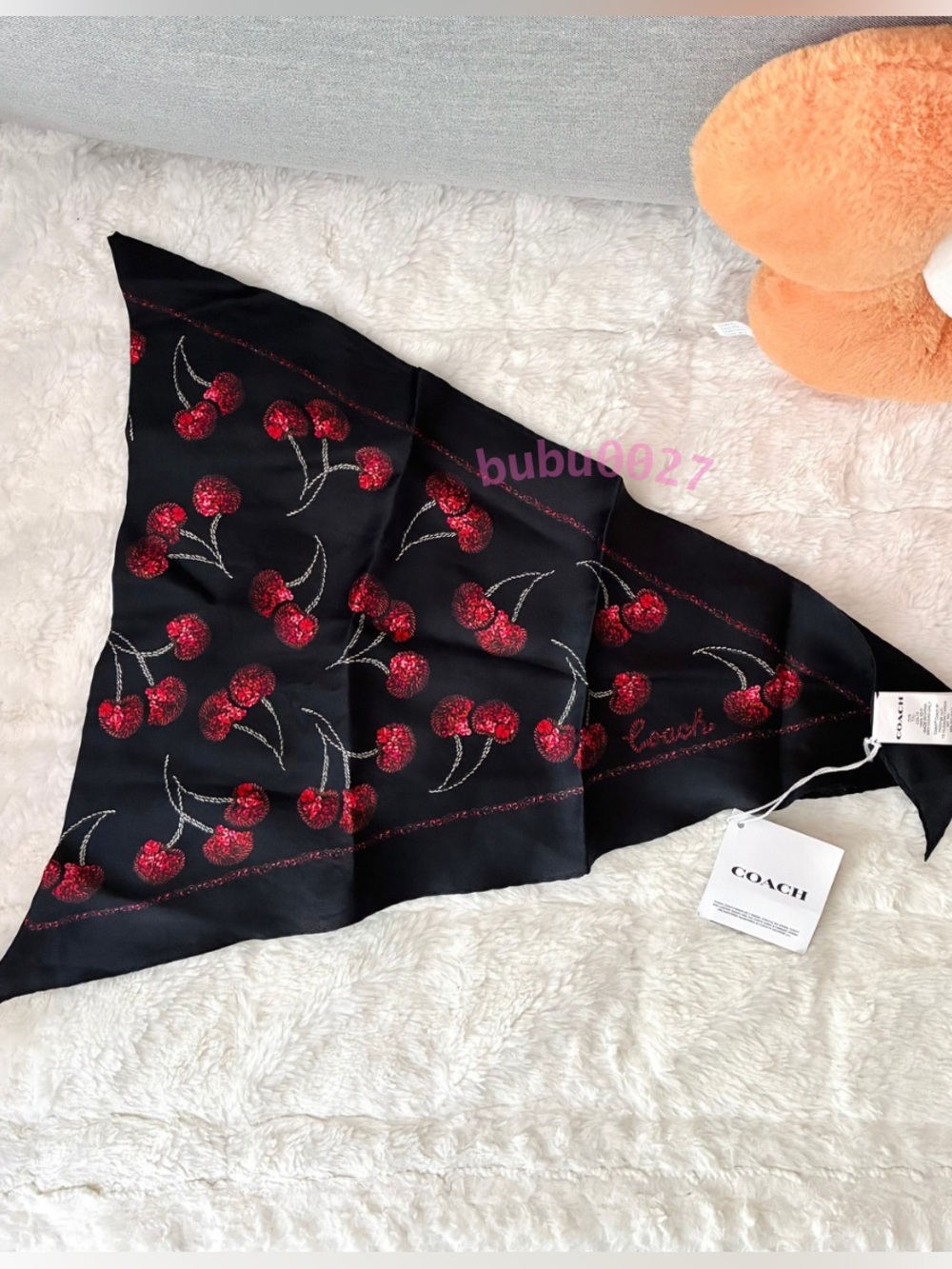 NWT🍒Coach Cherries Print Silk Diamond Scarf Hair Bag Accessories CDL13 Black Red